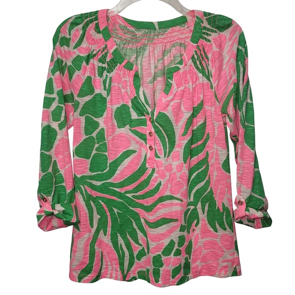 Lilly Pulitzer Tops - Lilly Pulitzer Tropical Smocked Blouse S Cotton 3/4 Sleeves Resort Beachy Preppy